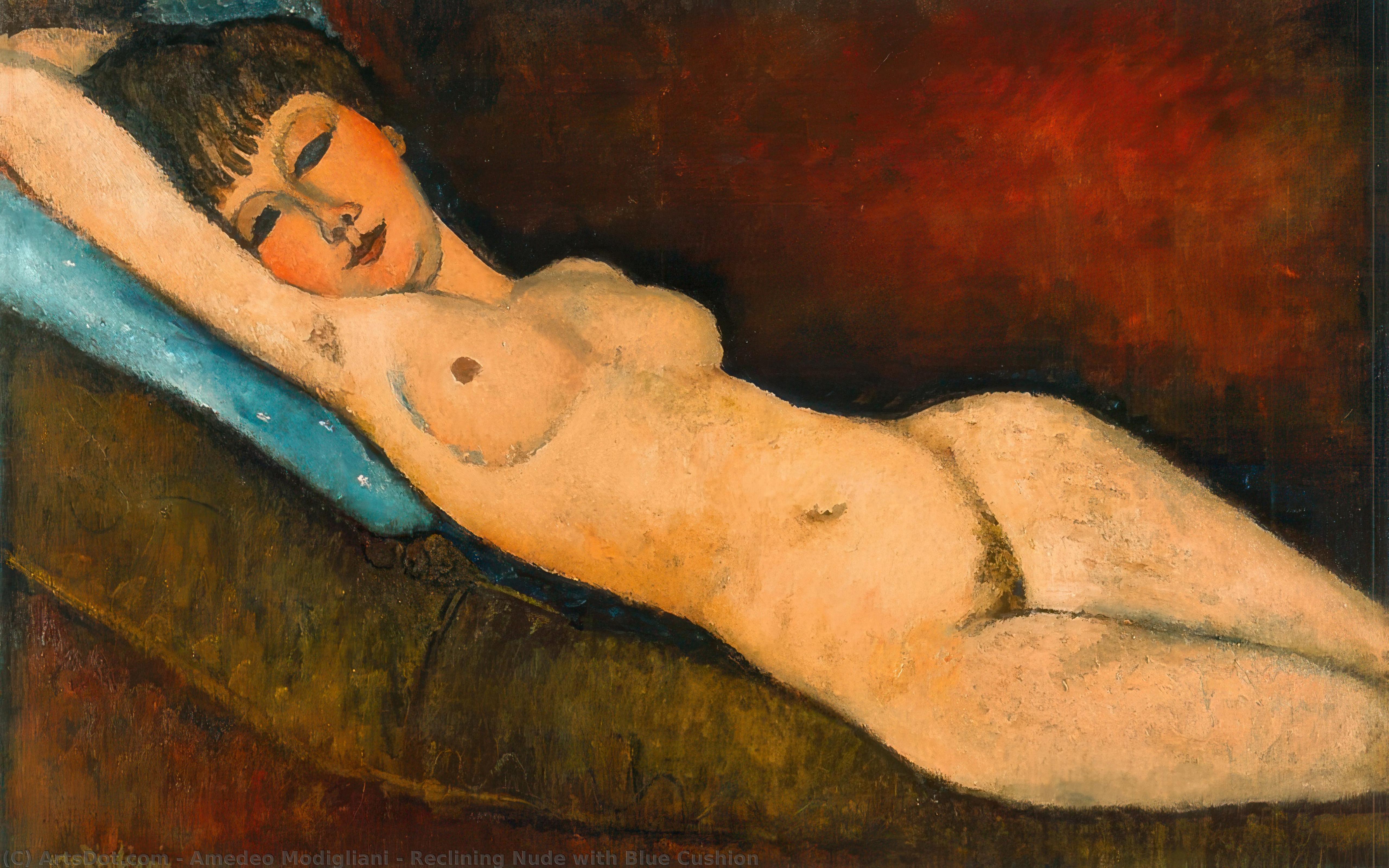  Oil Painting Replica Reclining Nude with Blue Cushion by Amedeo Clemente Modigliani (1884-1920, Italy) | ArtsDot.com