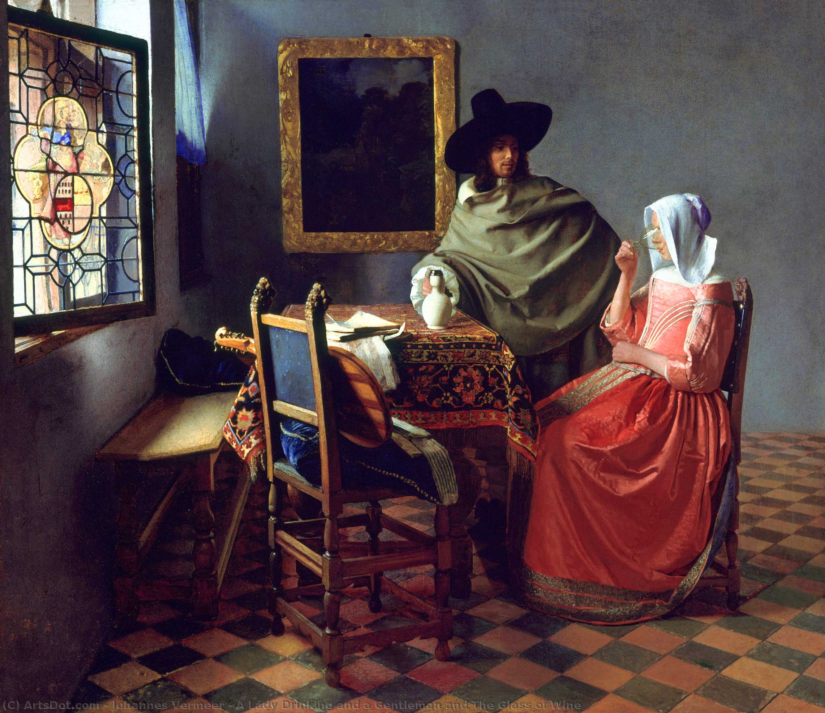 Order Artwork Replica A Lady Drinking and a Gentleman and The Glass of Wine, 1660 by Johannes Vermeer (1632-1675, Netherlands) | ArtsDot.com