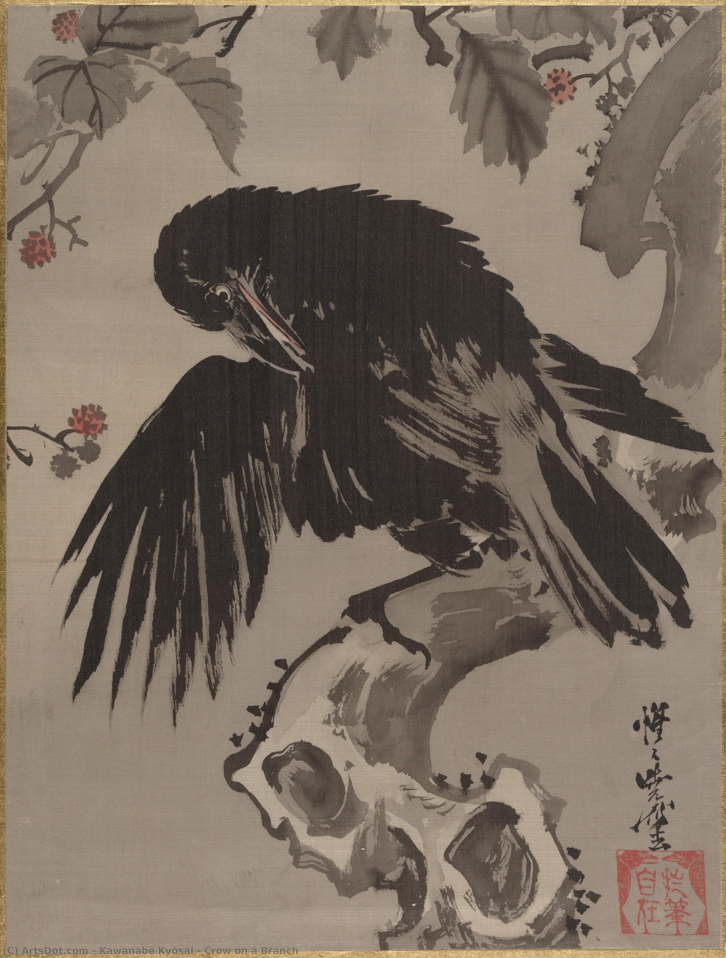  Oil Painting Replica Crow on a Branch, 1887 by Kawanabe Kyōsai (1831-1889) | ArtsDot.com