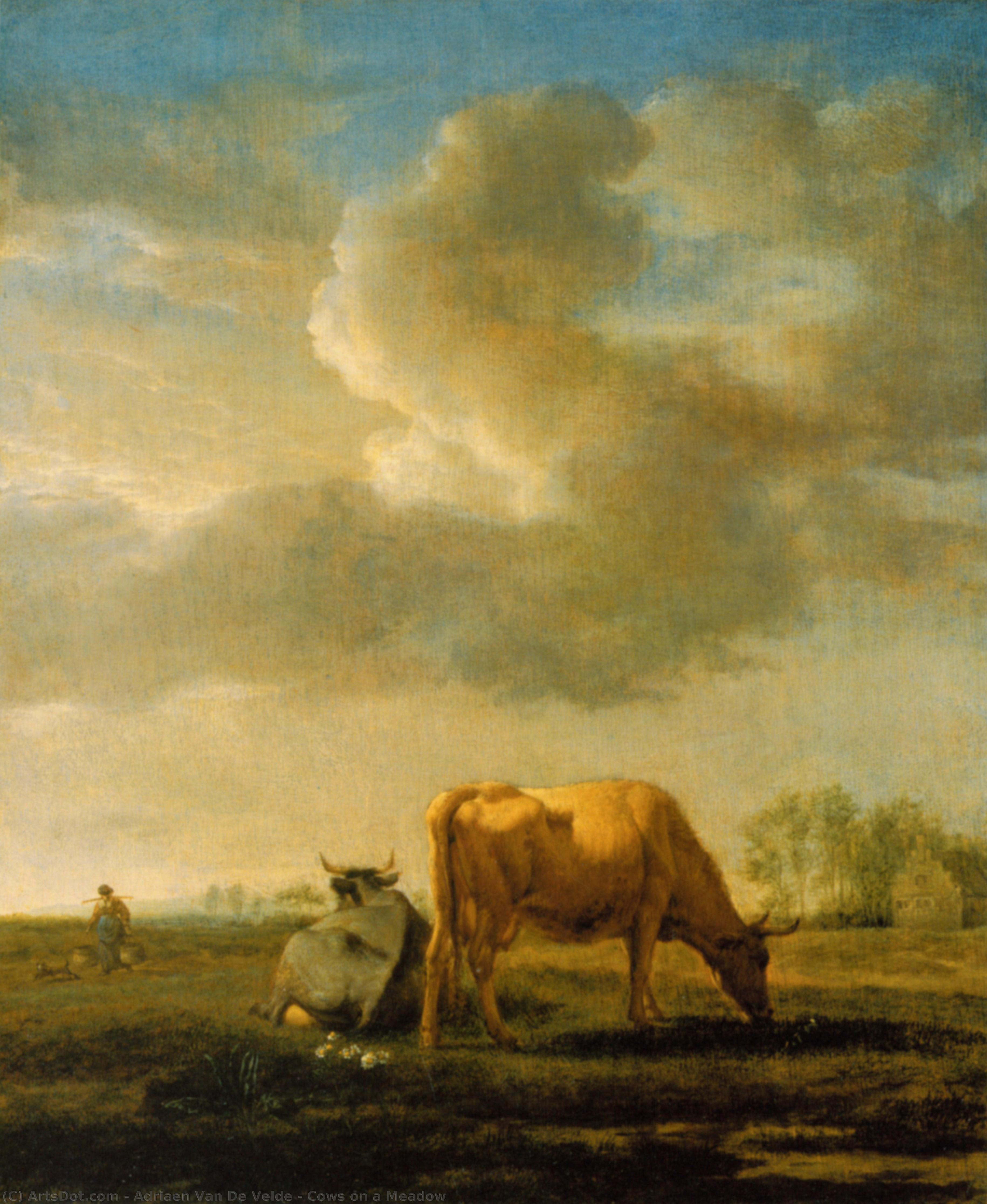  Oil Painting Replica Cows on a Meadow, 1658 by Adriaen Van De Velde (1636-1672, Netherlands) | ArtsDot.com