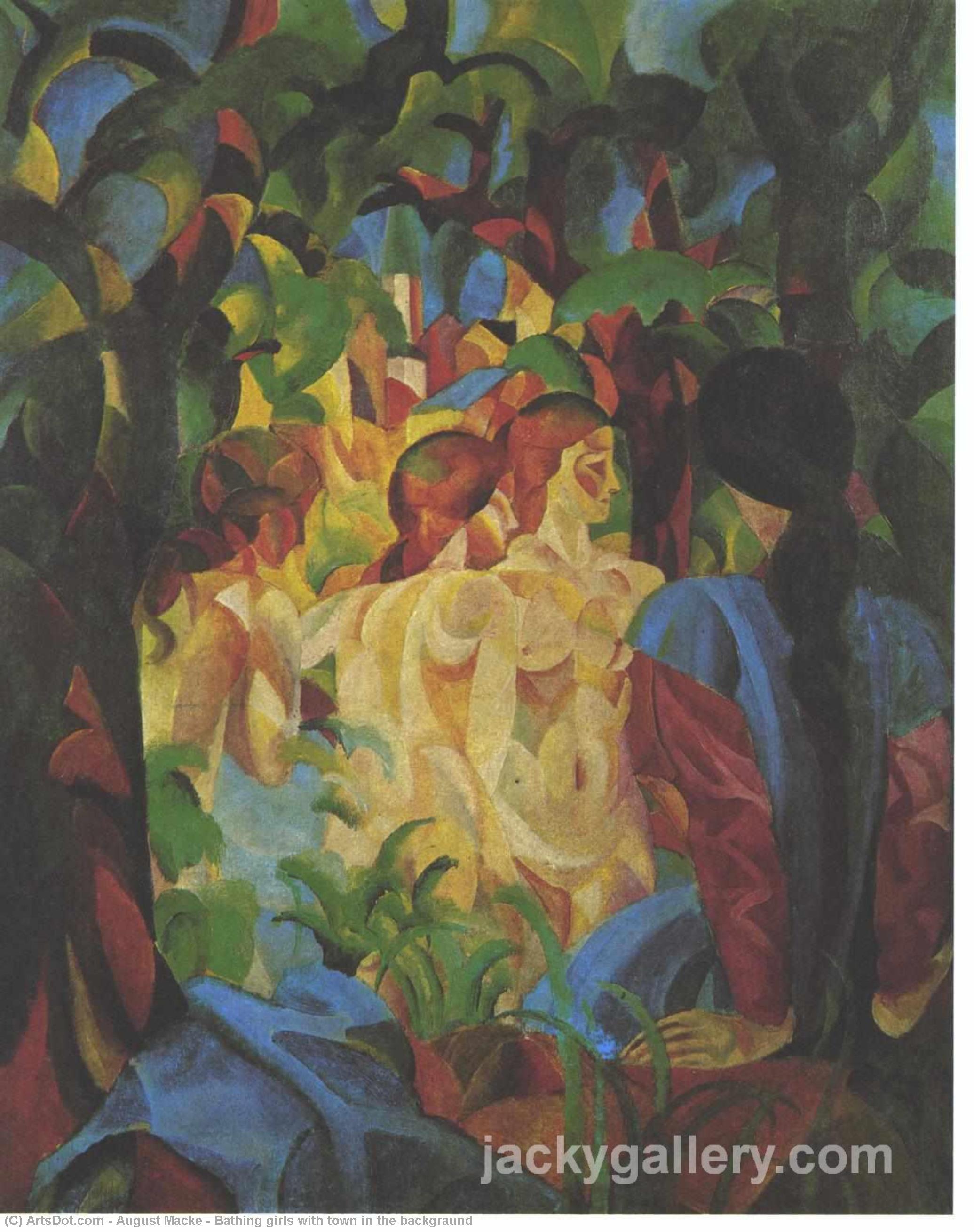 Order Art Reproductions Bathing girls with town in the backgraund, 1913 by August Macke (1887-1914, Germany) | ArtsDot.com