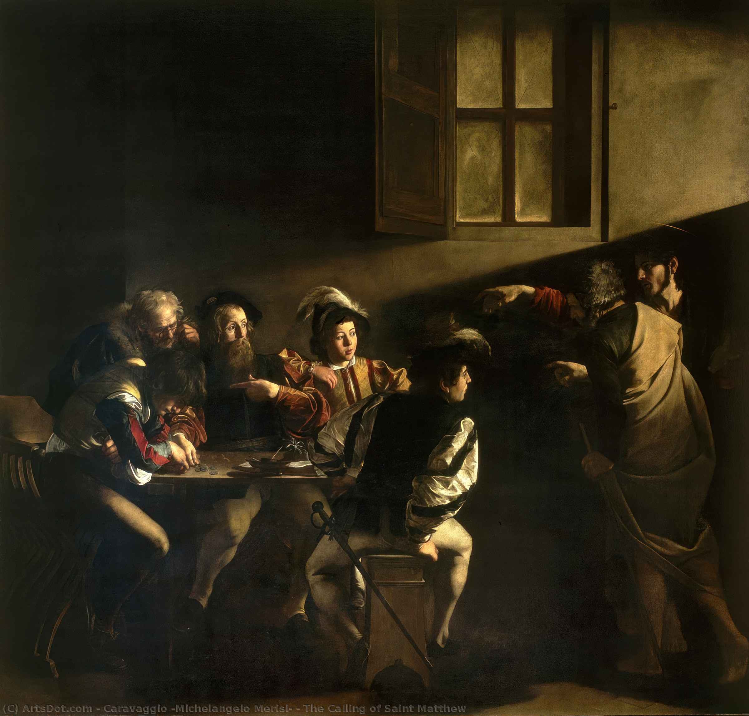 Buy Museum Art Reproductions The Calling of Saint Matthew, 1599 by Caravaggio (Michelangelo Merisi) (1571-1610, Spain) | ArtsDot.com