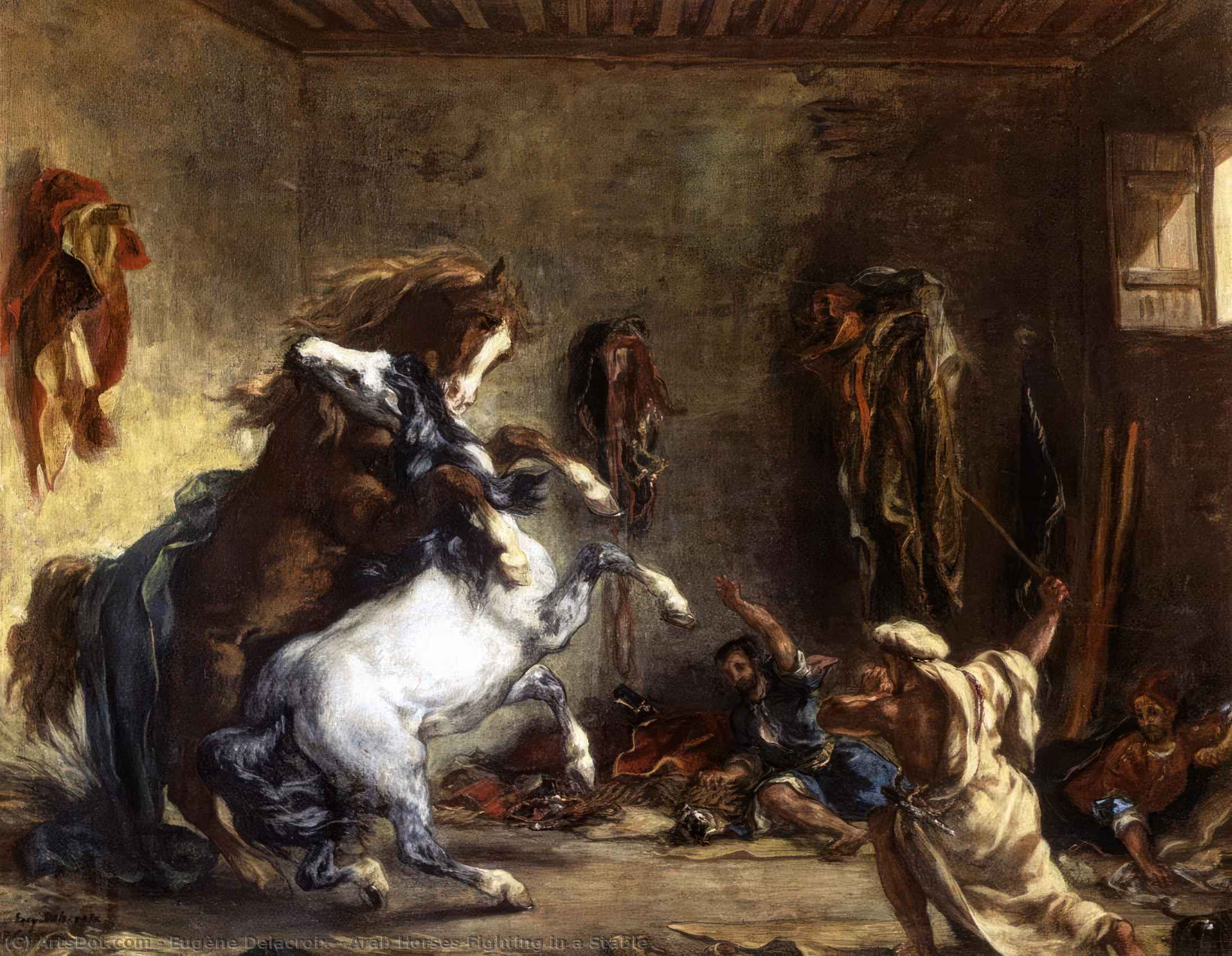  Paintings Reproductions Arab Horses Fighting in a Stable, 1860 by Eugène Delacroix (1798-1863, France) | ArtsDot.com