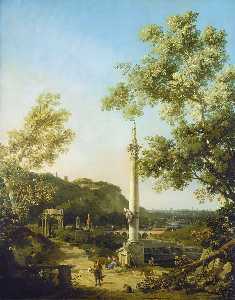 Giovanni Antonio Canal (Canaletto) - Capriccio - River Landscape with a Column, a Ruined Roman Arch, and Reminiscences of England
