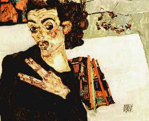 Egon Schiele - Self-Portrait with Black Vase and Spread Fingers