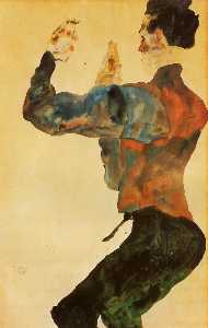 Egon Schiele - Self Portrait with Raised Arms, Back View