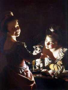 Joseph Wright Of Derby - Two Girls Dressing a Kitten by Candlelight