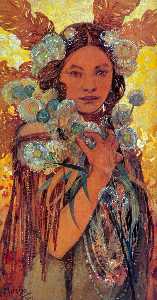 Alphonse Maria Mucha - Native American Woman with Flowers and Feathers