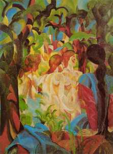 August Macke - Girls Bathing with Town in Background