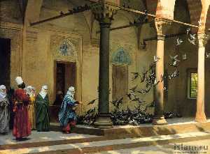 Jean Léon Gérôme - Harem Women Feeding Pigeons in a Courtyard