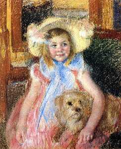 Mary Stevenson Cassatt - Sara in a Large Flowered Hat Looking Right Holding Her Dog
