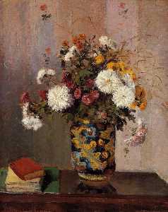 Theodore Robinson - Bouquet of Flowers. Chrysanthemums in a China Vase