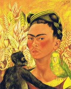 Frida Kahlo - Self-Portrait with Monkey and Parrot