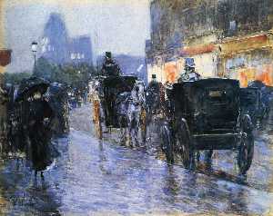 Frederick Childe Hassam - Horse Drawn Cabs at Evening, New York