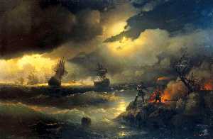 Ivan Aivazovsky - Peter the First to light out a watch fire