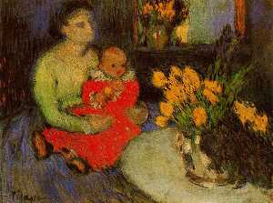 Pablo Picasso - Mother and child with flowers