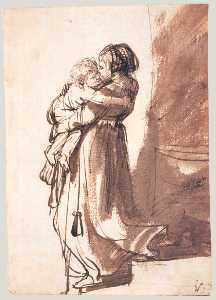 Rembrandt Van Rijn - A Woman and Child Descending a Staircase