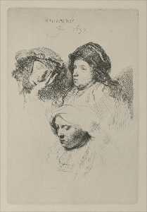 Rembrandt Van Rijn - Three Heads of Women, One Asleep