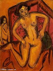 Ernst Ludwig Kirchner - Female Nude Kneeling before a Red Screen