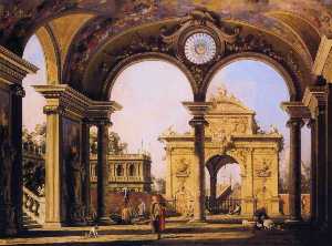 Giovanni Antonio Canal (Canaletto) - Capriccio of a Renaissance Triumphal Arch seen from the Portico of a Palace