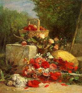 Eugène Louis Boudin - Flowers and Fruit in a Garden