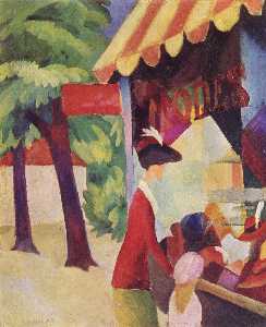 August Macke - In front of the hat shop (woman with red jacket and child)