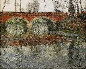 Frits Thaulow - French River Landscape with a Stone Bridge
