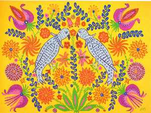 Maria Primachenko - Two Parrots Took a Walk Together in Spring