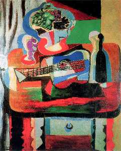 Pablo Picasso - Guitar, bottle, fruit dish and glass on the table