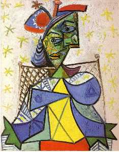 Pablo Picasso - Seated woman with blue and red hat