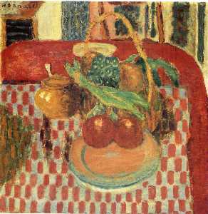Pierre Bonnard - Basket and Plate of Fruit on a Red Checkered Tablecloth