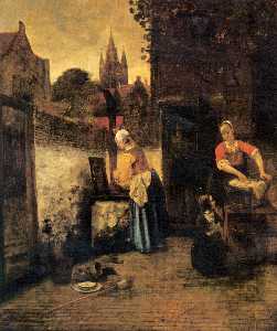 Pieter De Hooch - Two women with a child in court