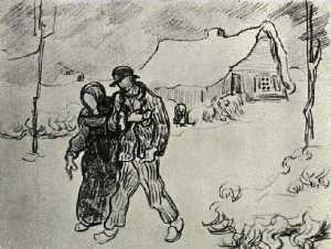Vincent Van Gogh - People Walking in Front of Snow-Covered Cottage