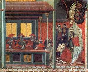 Pietro Lorenzetti - Predella panel: The Pope Issues a Bull to a Carmelite Delegation