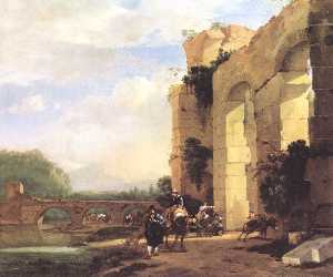 Jan Asselijn - Italian Landscape with the Ruins of a Roman Bridge and Aqueduct