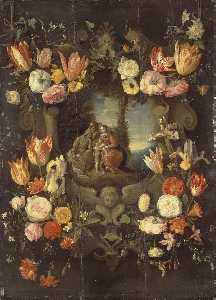 Jan The Younger Brueghel - Holy Family Framed with Flowers