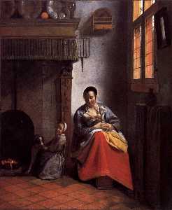 Pieter De Hooch - A Woman Nursing an Infant with a Child and a Dog
