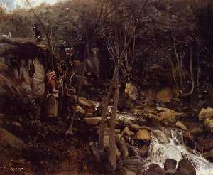 Jean Baptiste Camille Corot - Lormes - A Waterfall with a Standing Peasant, Spinning Wool