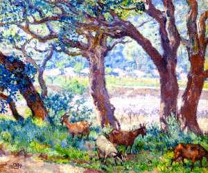 Theo Van Rysselberghe - Peach Trees in Blossom, Cork Oaks and Goats