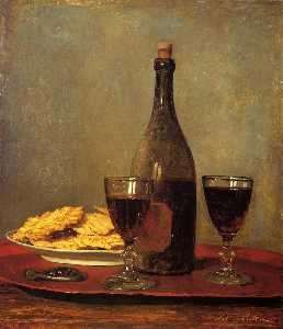 Albert Samuel Anker - Still Life: Two Glass of Red Wine, a Bottle of Wine, a Corkscrew and a Plate of Biscuits on a Tray