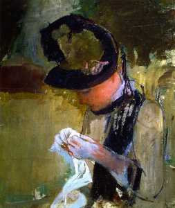 Mary Stevenson Cassatt - Woman in Black and Green Bonnet, Sewing