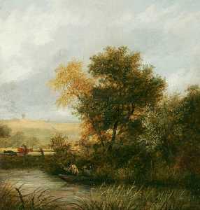 James Stark - River Scene With Men Fishing From A Boat