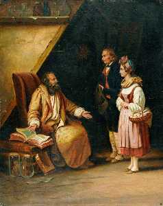 Edouard Pingret - A Young Couple Visit A Savant Who Consults Ancient Volumes In Order To Provide Counselling To Them