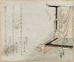 Katsushika Hokusai - Kimono Rack, Table, And Goat Figurine