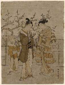 Suzuki Harunobu - Young Couple Lighting Pipes Beside The Sleeping Dragon Plum Tree