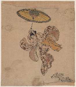 Suzuki Harunobu - Young Woman Jumping From The Kiyomizu Temple Balcony With An Umbrella As A Parachute