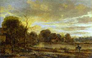 Aert Van Der Neer - A River Landscape with a Village