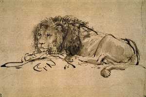 Rembrandt Van Rijn - Lion resting, Rijksprentenkabinet, Amster