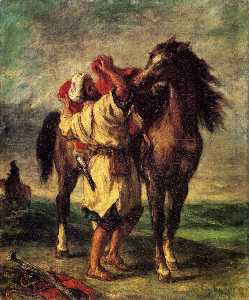 Eugène Delacroix - Ferdinand victor eugene a moroccan saddling a horse