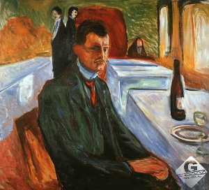 Edvard Munch - Self-Portrait with a Wine Bottle, oil on canvas,